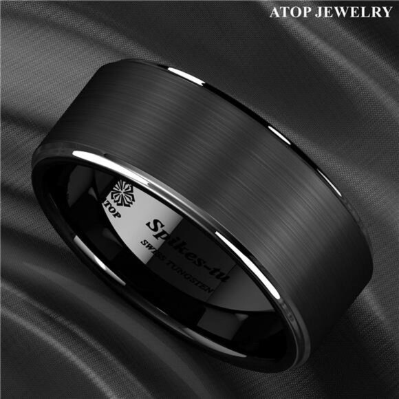 Men's Wedding Band - Black Brushed Silver Stripe Ring for Men - Wedding Rings - Picture 3 of 5